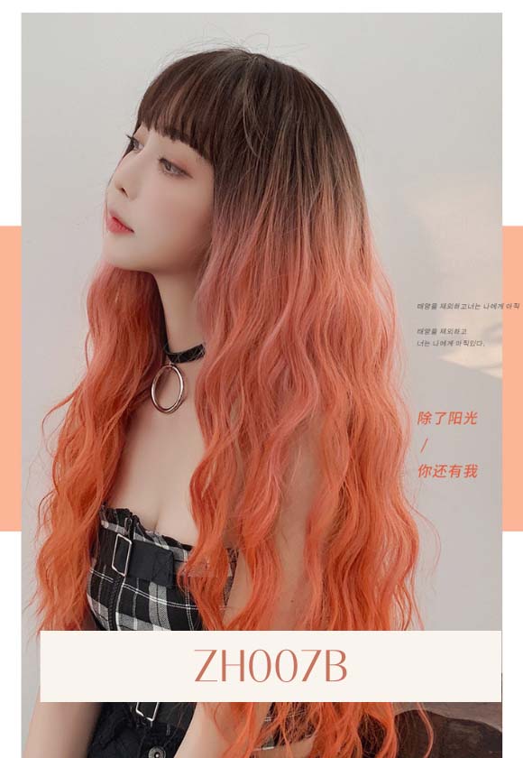 ORANGE OMBER LONG CURLY BANGS WIG