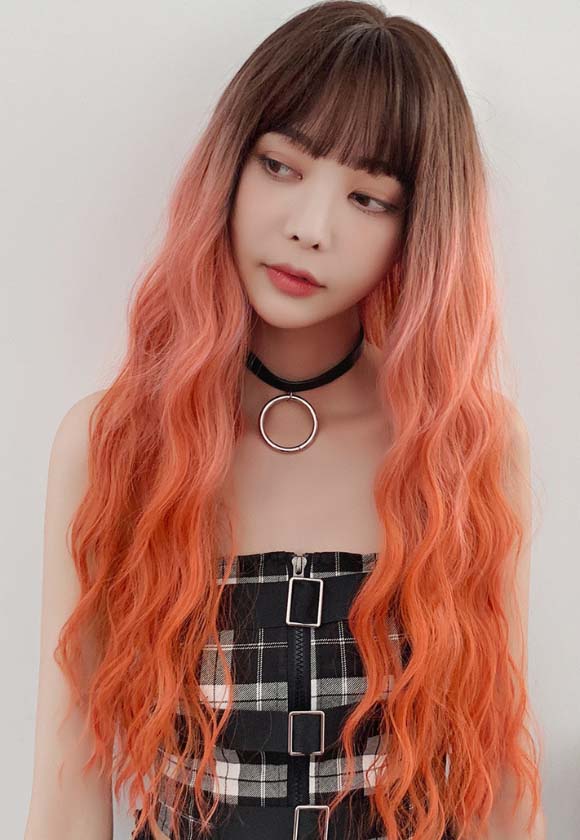 ORANGE OMBER LONG CURLY BANGS WIG